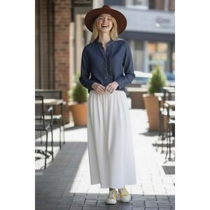 Talbots Petite Medium Blue Cotton Chambray Ruffle Collar Button Down Shirt Mp